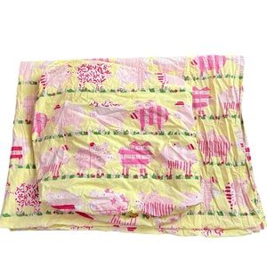 Garnet Hill 100% Cotton Twin Deep Pocket Sheet Set Pigs Pink Yellow Portugal